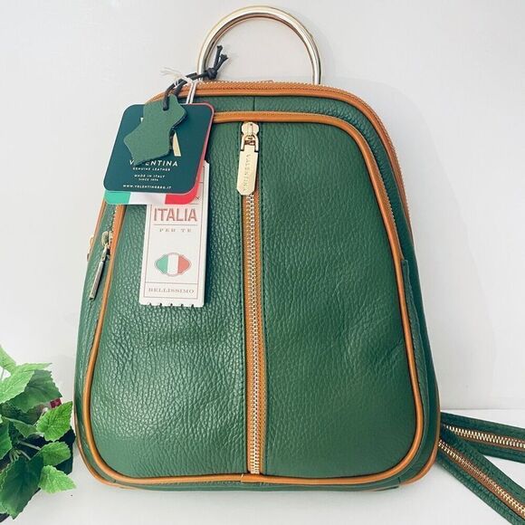 NWT Valentina Green Tan Italian Genuine Leather Convertible Sling Backpack Bag main image 5